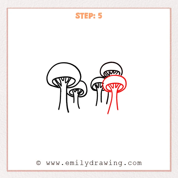 how to draw a cartoon forest - Step 5 of a cartoon forest drawing adds a large foreground tree on the right, with a fuller canopy, a completed trunk, and clearer underside rib details.